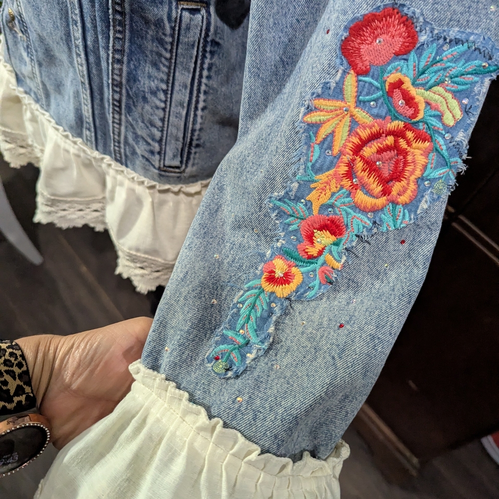Embroidered Denim Jacket with Ruffle Hem - Picture 6 of 15